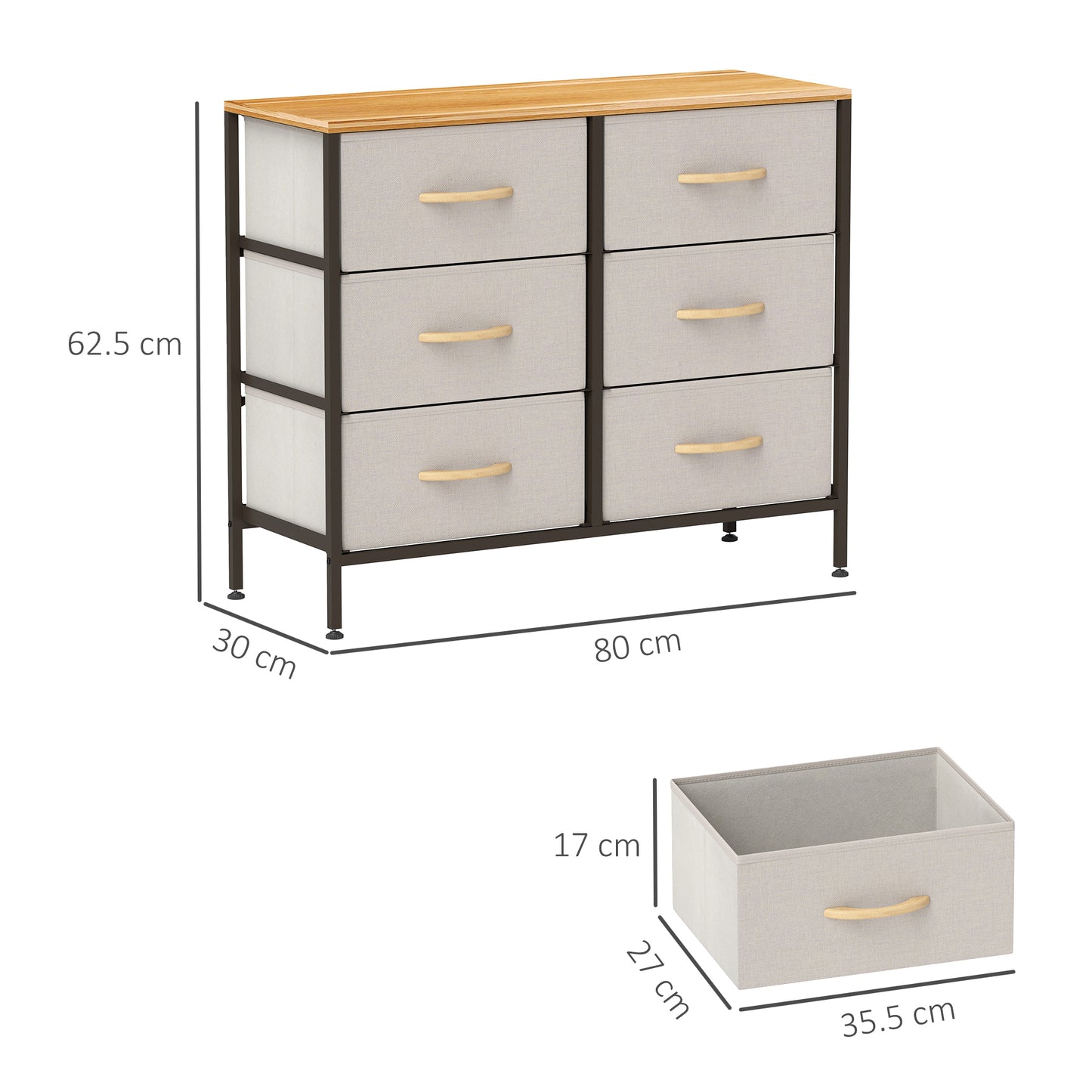 6 Drawer Fabric Chest of Drawers w/ Wooden Top for Hallway Cream