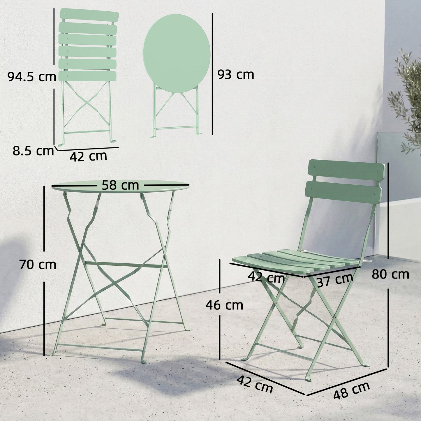 Folding Bistro Set with Round Garden Table and Chairs, Light Green
