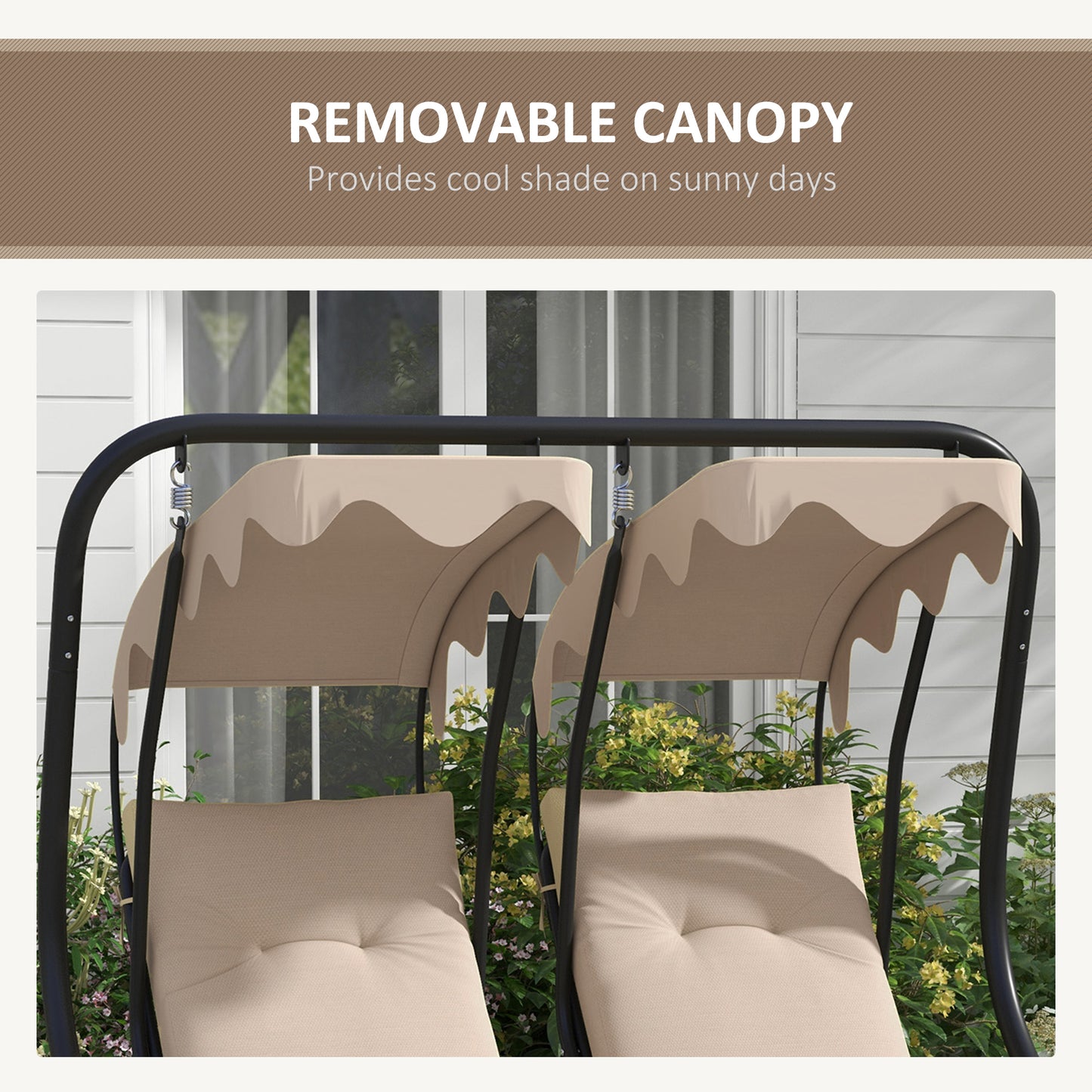 Canopy Swing Chair Modern Garden Swing Seat Outdoor Relax Chairs w/ 2 Separate Chairs, Cushions and Removable Shade Canopy, Beige