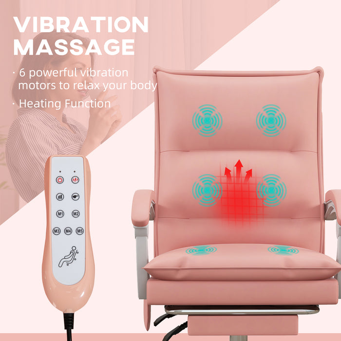 Vibration Massage Office Chair with Heat, Faux Leather Computer Chair with Footrest, Armrest, Reclining Back, Double-tier Padding, Pink