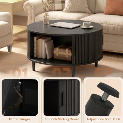 Round Coffee Table with Storage, 80 cm Modern Centre Table with Fluted Sliding Cabinet Door and Lift Top, Wood Circle Drum Table for Living Room, Black Wood Effect