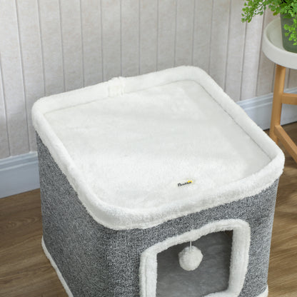 Cat House for Indoor Kittens, 2-Level Cat Cave Bed, Grey