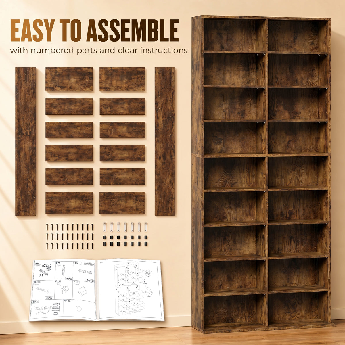 640 CD Storage Unit 360 DVD Storage Tower w/ 18 Compartments Rustic Brown