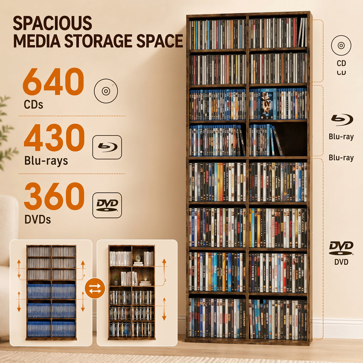 640 CD Storage Unit 360 DVD Storage Tower w/ 18 Compartments Rustic Brown