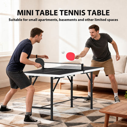 5ft Mid-Size Table Tennis Table, Ping Pong Table with Net, 2 Table Tennis Paddles and 3 Balls, Multi-Use for Indoor Game, Black