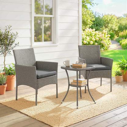3 Piece Rattan Bistro Set with 2 Tier Glass-Top Table, Chairs