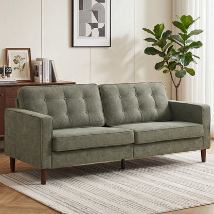 3 Seater Sofa, Velvet-Feel Fabric Upholstered Small Couch for Bedroom, Modern Sofa Settee with Padded Cushion, Button Tufting and Wood Legs for Living Room, Green