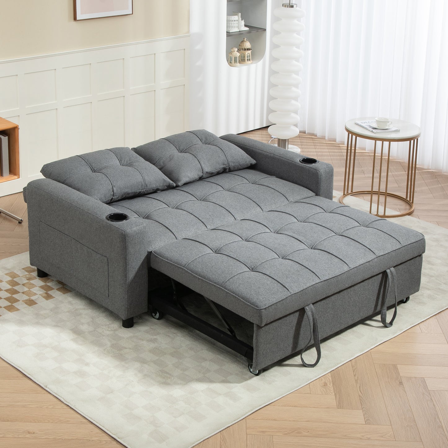 2 Seater Pull Out Sofa Bed with Pockets for Living Room Charcoal Grey