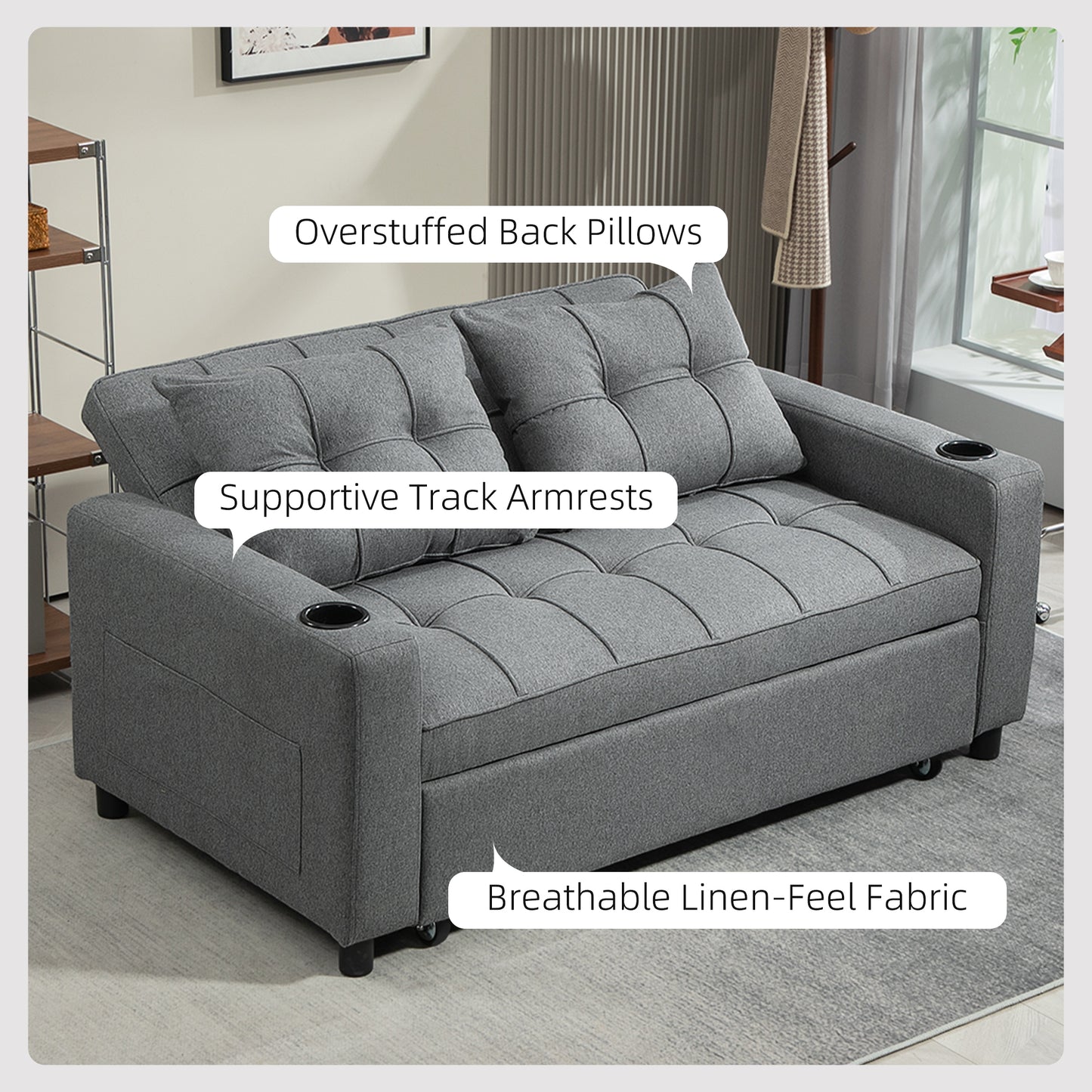 2 Seater Pull Out Sofa Bed with Pockets for Living Room Charcoal Grey