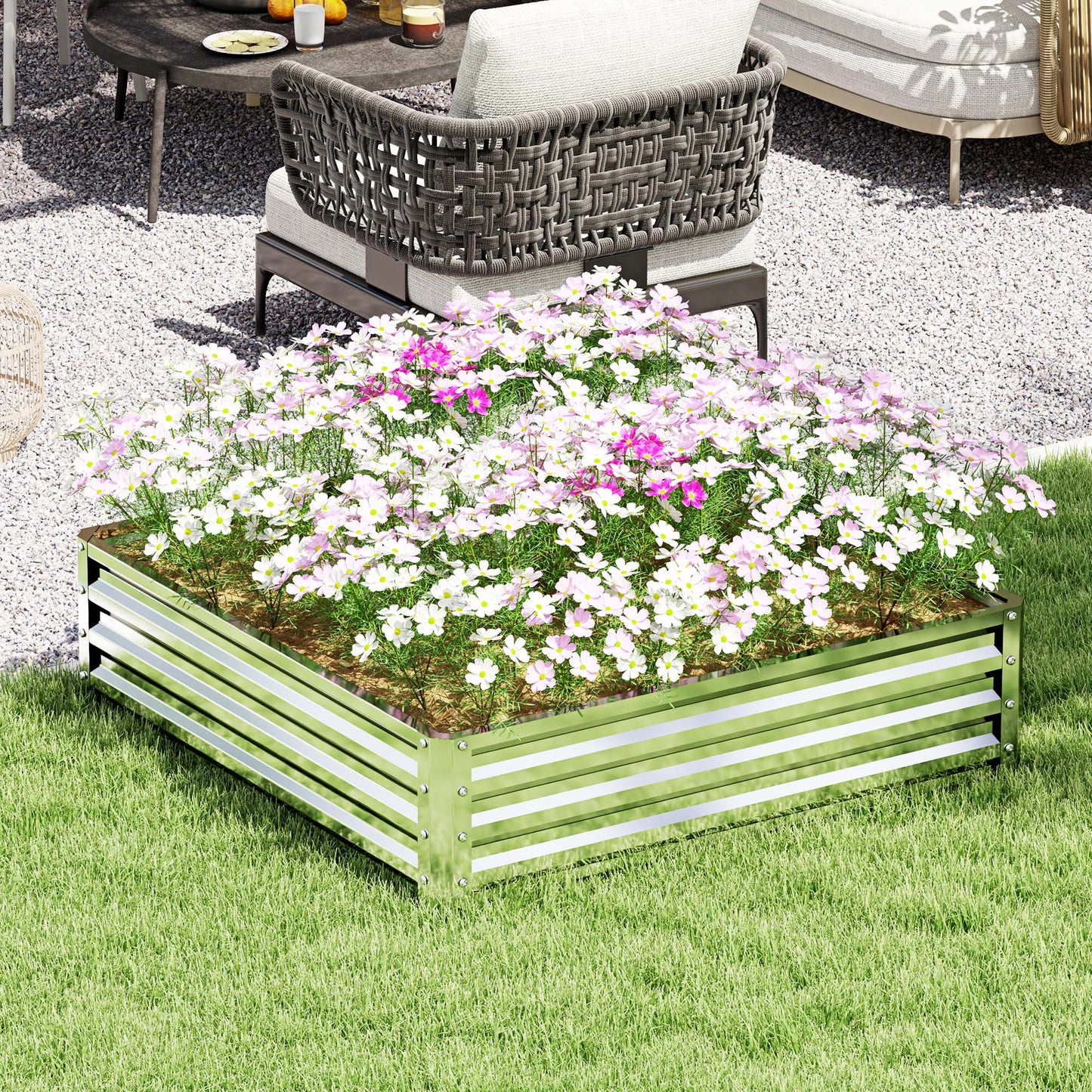 Raised Garden Bed Metal Patio Backyard Flower Planter, Silver Tone