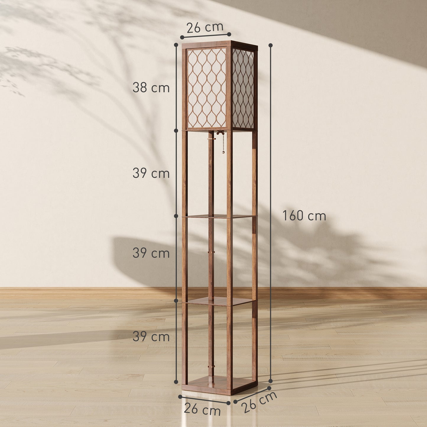 Modern Floor Lamp Light with 3 Shelves Fabric Lampshade, Rustic Brown