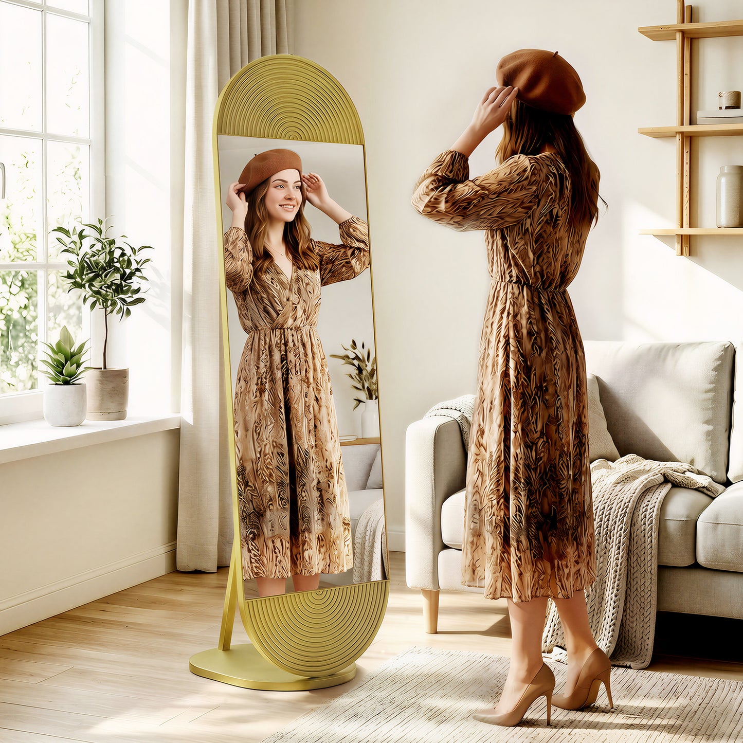 Wavy Full Length Mirror with Metal Frame and Base, Gold Tone