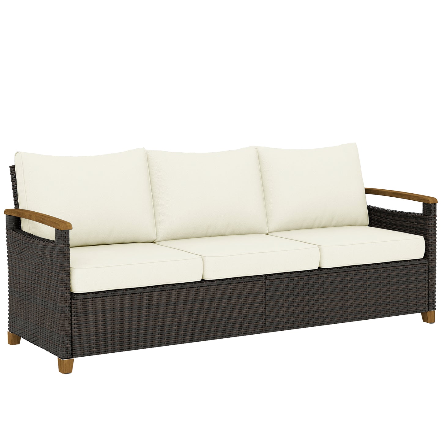 3 Seater Rattan Garden Sofa with Cushioned Wide Seats, Brown