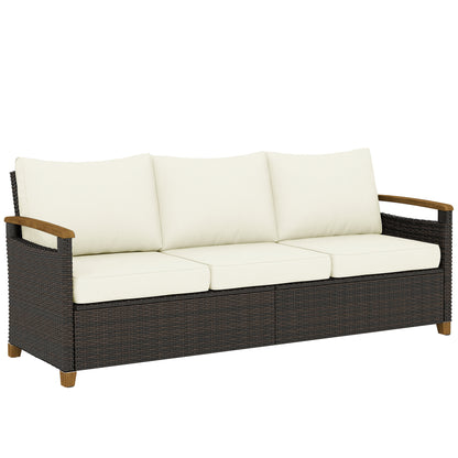 3 Seater Rattan Garden Sofa with Cushioned Wide Seats, Brown