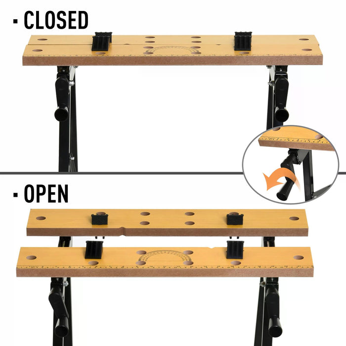 DURHAND 4-in-1 Work Bench, Saw Horse Folding Clamp Table w/ 4 Adjustable Clamping Pegs for DIY Home Garage, Black