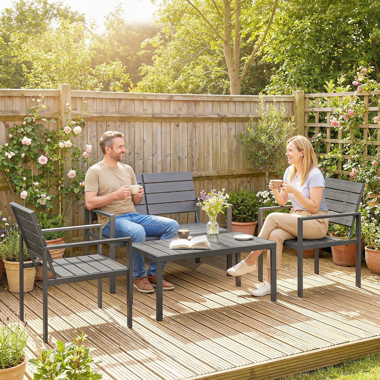 4 Piece Garden Furniture Set, HDPE Metal Outdoor Sofa, Dark Grey