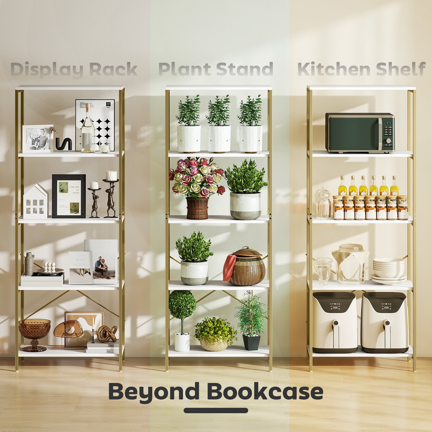 Modern Bookshelf, Freestanding Bookcase, White and Gold Tone