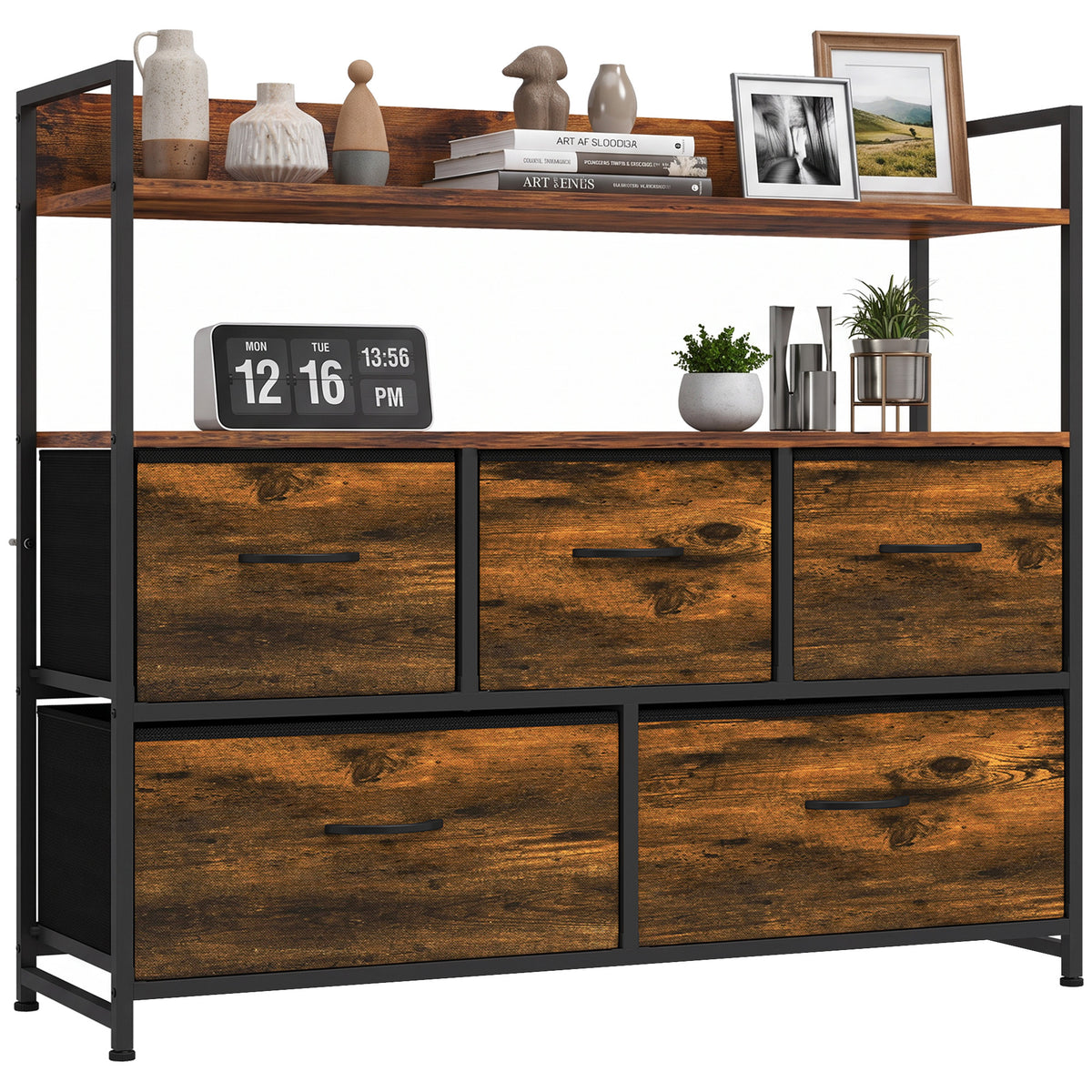 5-Drawer Fabric Chest with 2 Shelves and Steel Frame - Rustic Brown & Black