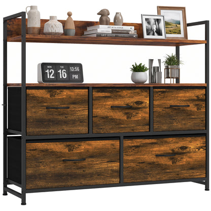5-Drawer Fabric Chest with 2 Shelves and Steel Frame - Rustic Brown & Black