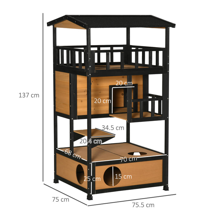 Wooden Outdoor Cat House 3-Tier Kitten Shelter w/ Tilted Roof Yellow