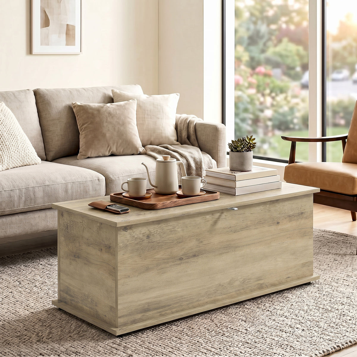 Storage Chest With Lid, 113L Storage Box, Grey Wood Effect
