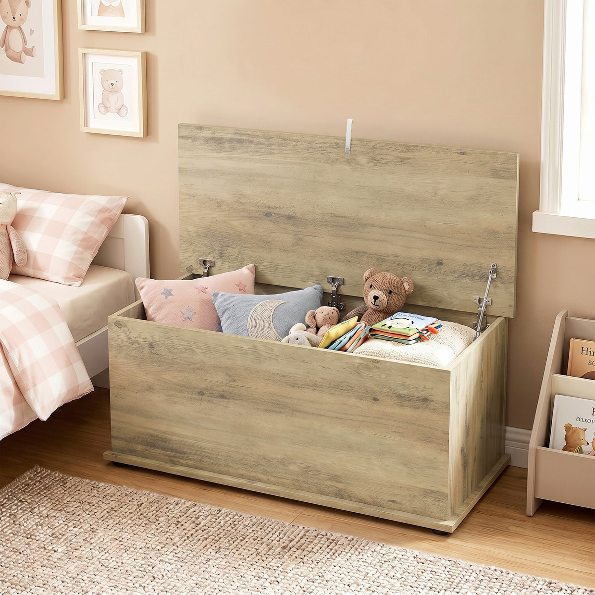 Storage Chest With Lid, 113L Storage Box, Grey Wood Effect