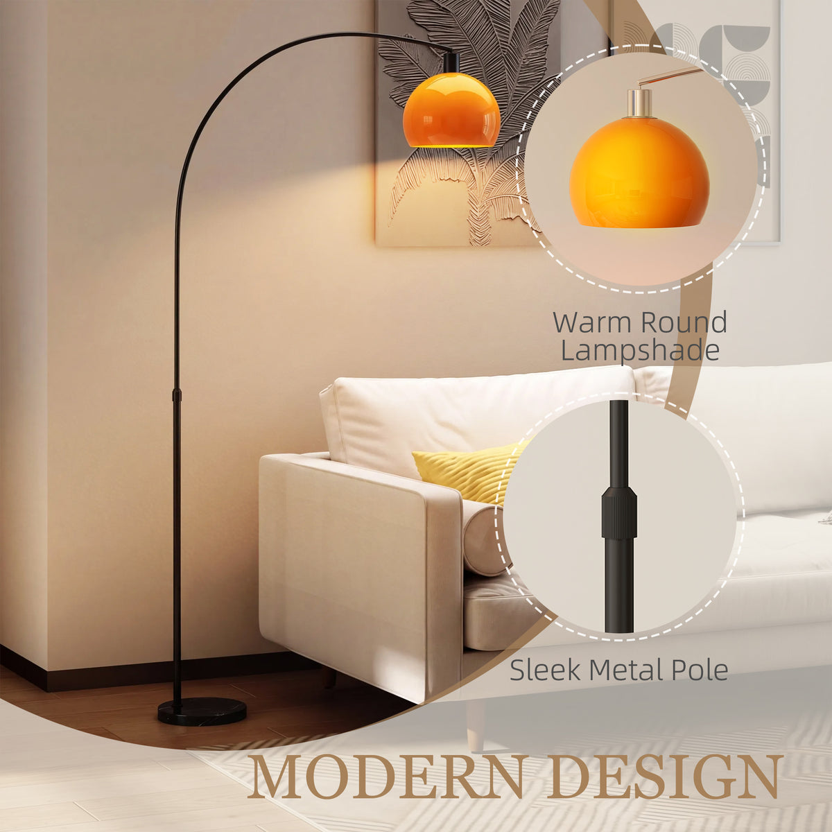 Curved Floor Lamp with Marble Base (E27 Bulb Not Included) - Black & Orange