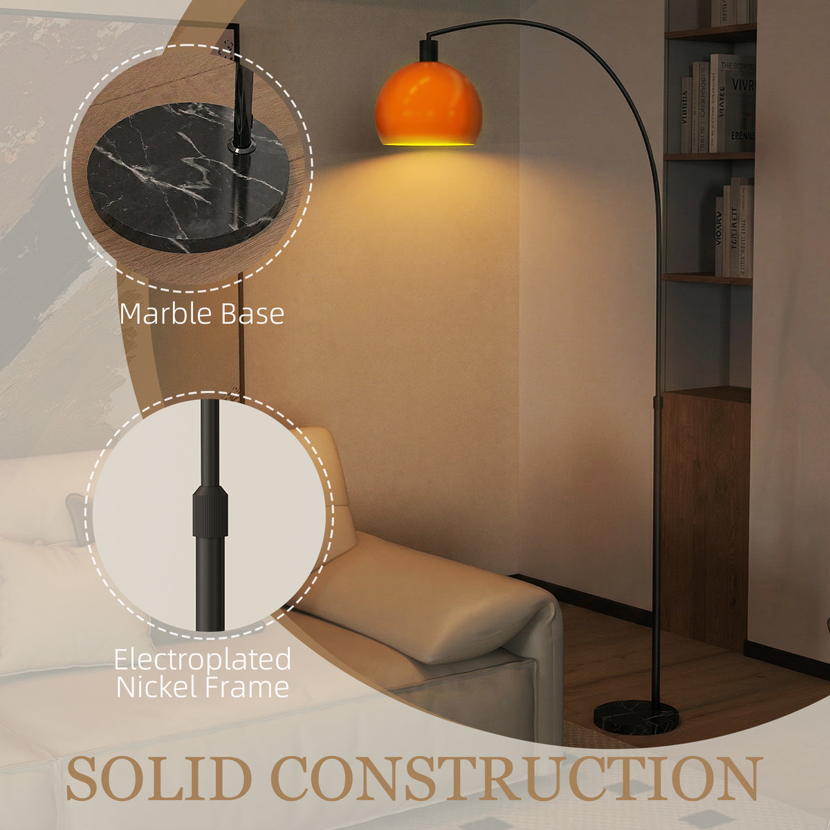 Curved Floor Lamp with Marble Base (E27 Bulb Not Included) - Black & Orange