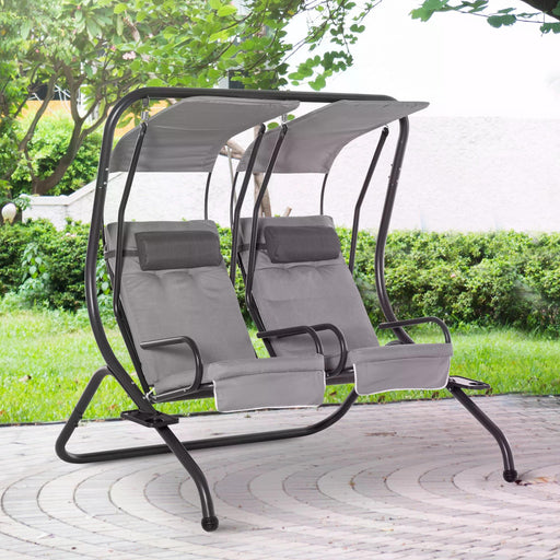 Double Seat Swing Chair Modern Garden Swing w/ 2 Separate Relax Chairs, Handrails, Headrests and Removable Canopy, Grey