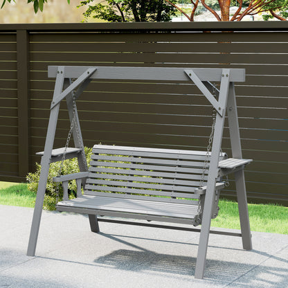 3 Seater Wooden Garden Swing Chair with Side Tables, Dark Grey