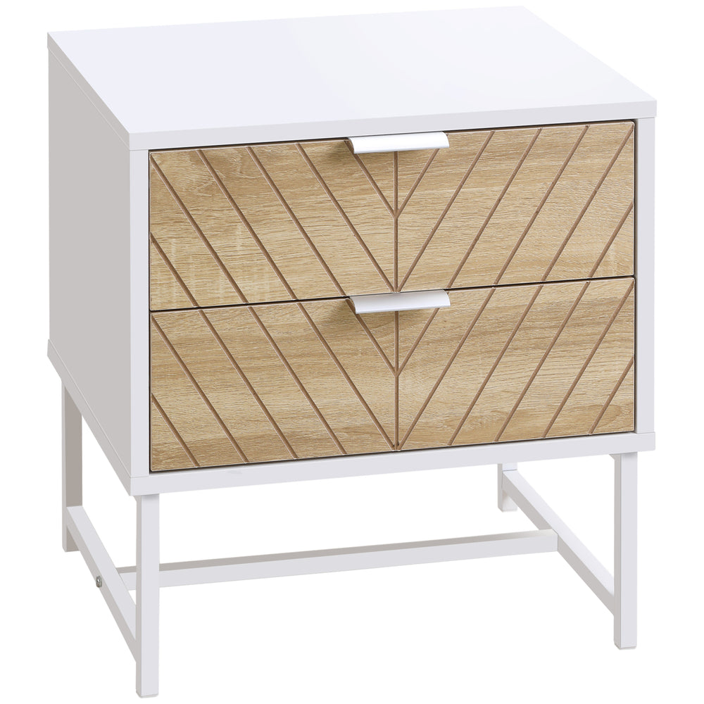 Modern Bedside Table with 2 Drawers and Metal Frame, Sofa Side Table for Bedroom Living Room, White and Oak