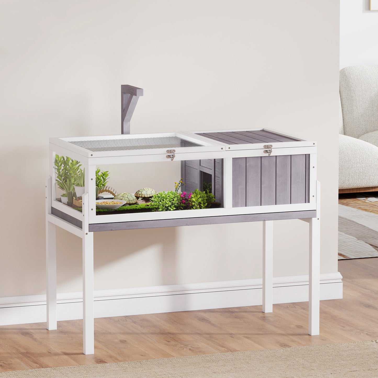Tortoise Cage, Wooden Tortoise House Indoor with Dual-Zone Habitat, Clear Panels, Lamp Holder, Pull-Out Tray, Openable Top, Reptile Cage for Tortoises, Snake, Lizard, Grey