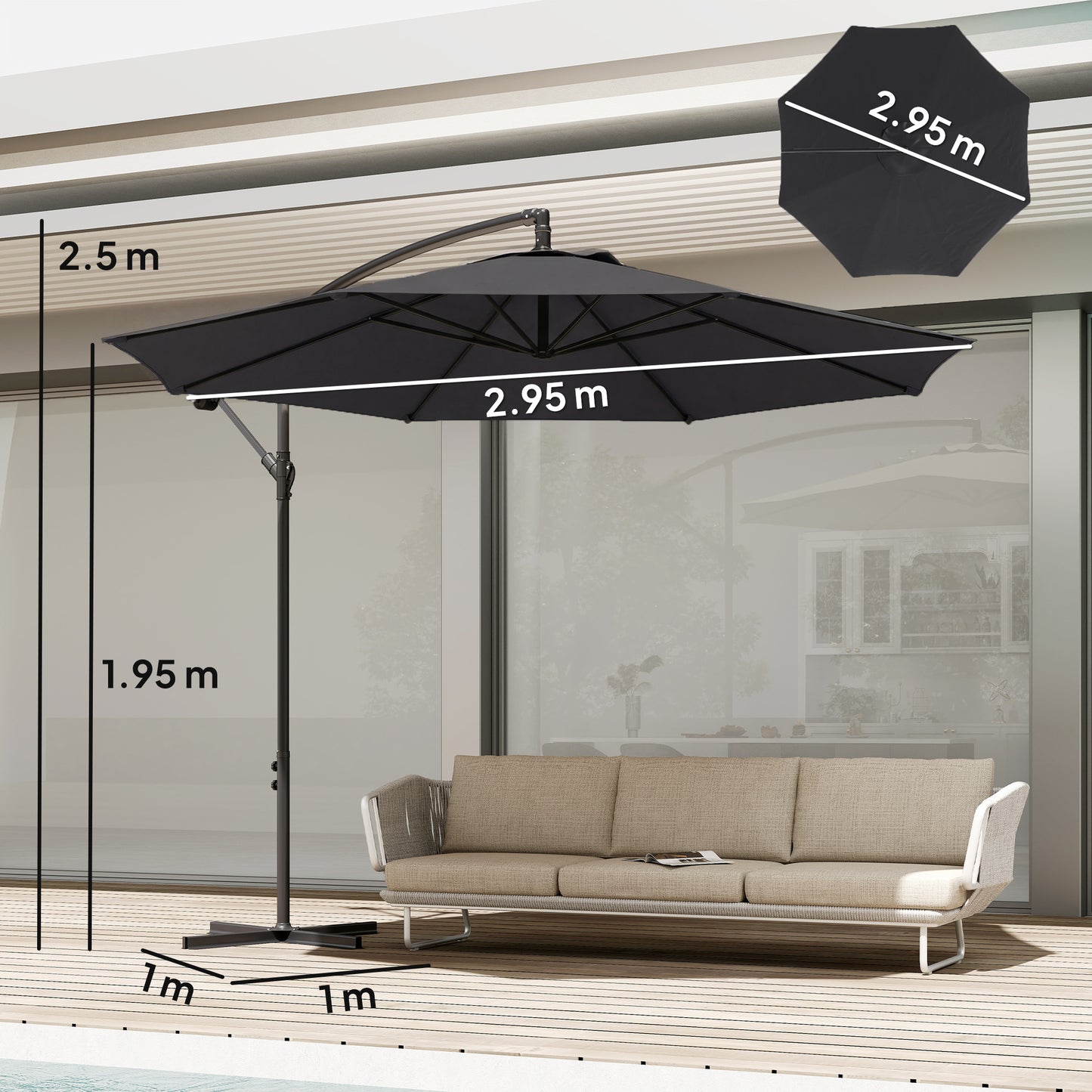 3(m) Garden Banana Parasol Cantilever Umbrella w/ Base, Black