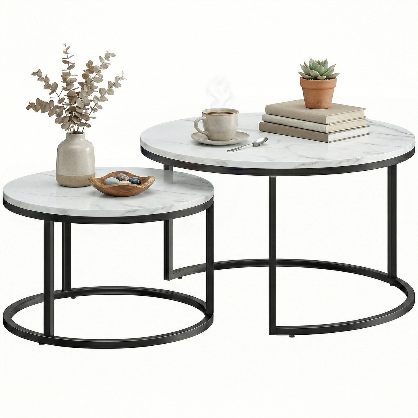2 Pcs Stacking Coffee Table Set Steel Frame, Marble White