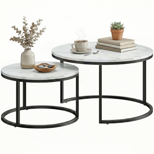 2 Pcs Stacking Coffee Table Set Steel Frame, Marble White