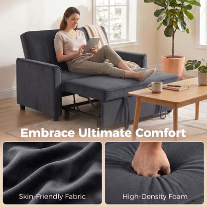 2 Seater Sofa Bed, 3-in-1 Convertible Pull Out Sleeper Sofa, Velvet Loveseat Bed Settee with Clik-Clack Adjustable Backrest, High-Density Foam for Living Room, Bedroom, Guest Room, Dark Grey