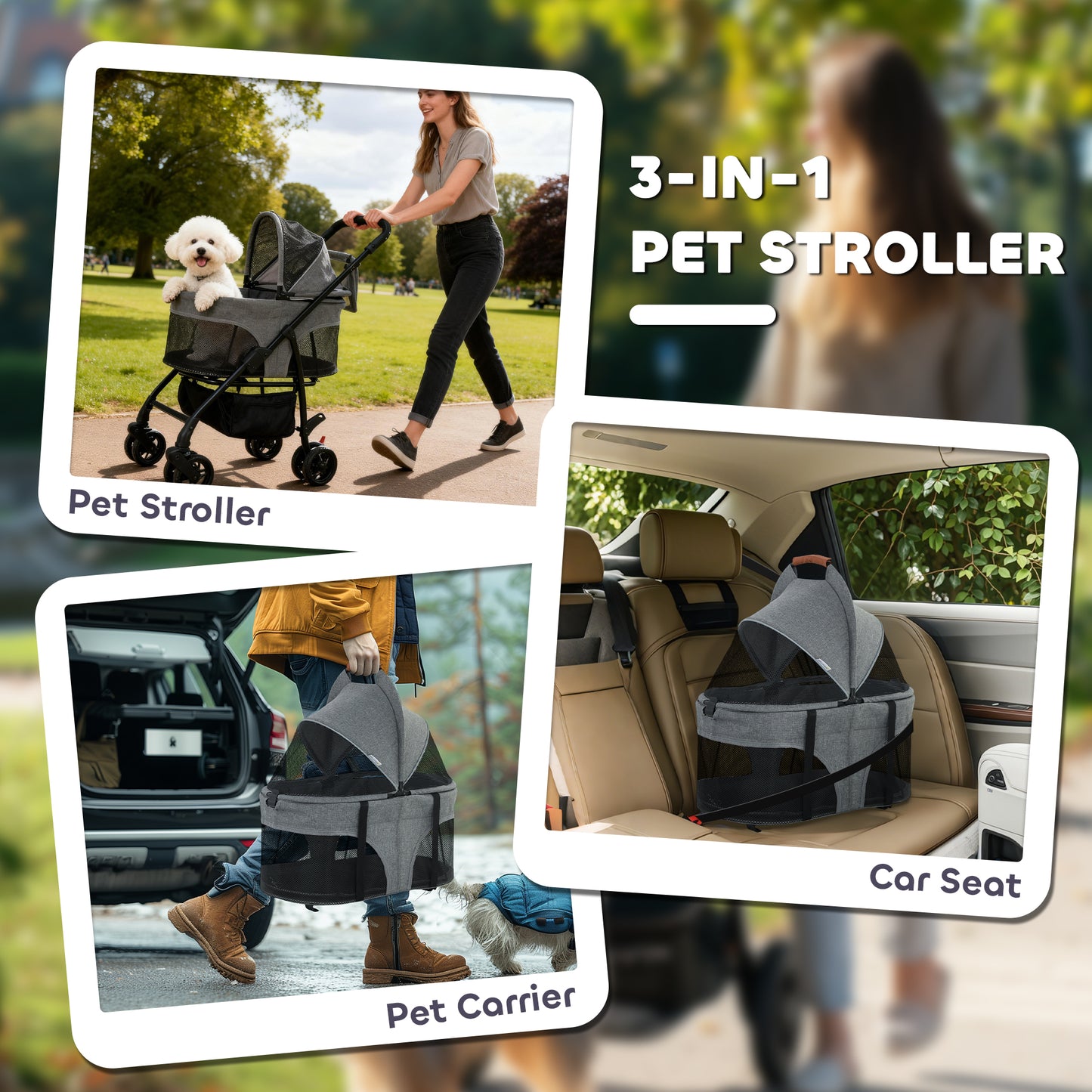 Foldable Pet Stroller, Dog Cat Stroller with Detachable Carrier