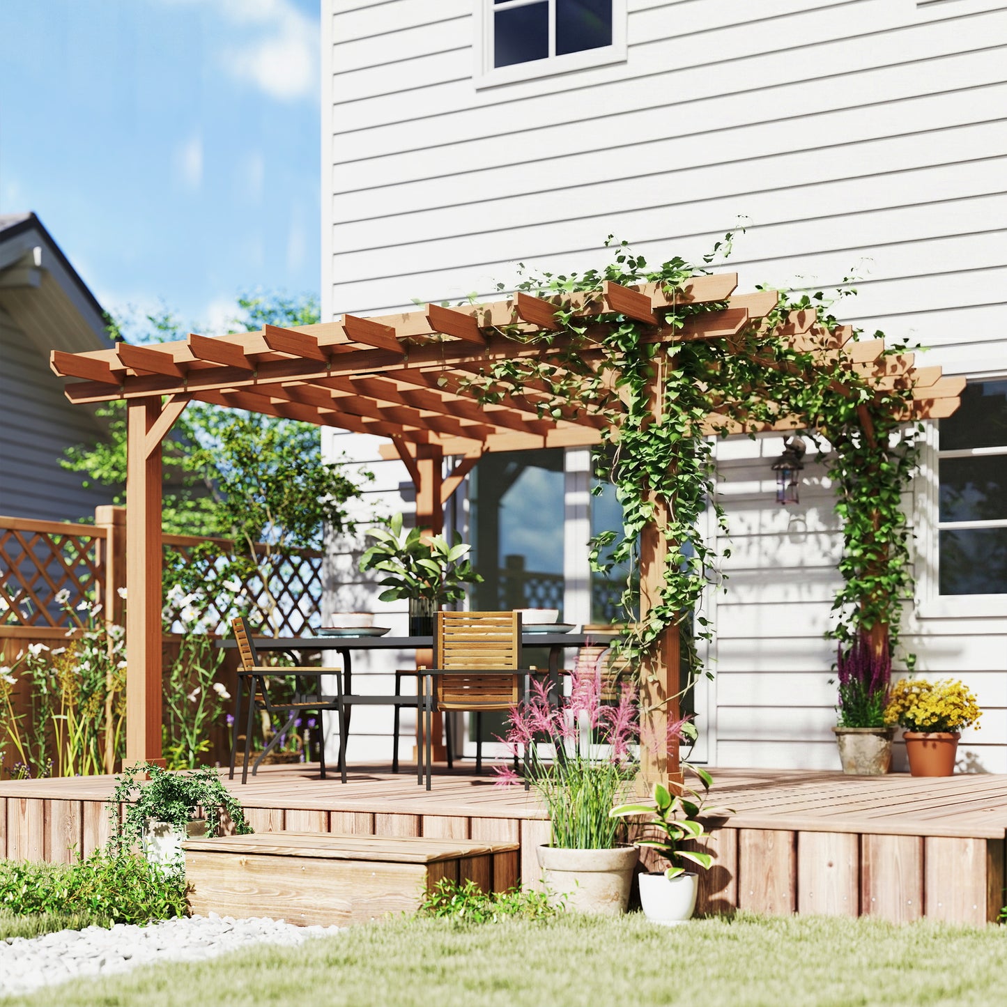 3.6 x 3.6m Graden Pergola Kit, Wooden Grape Trellis, Dark Brown