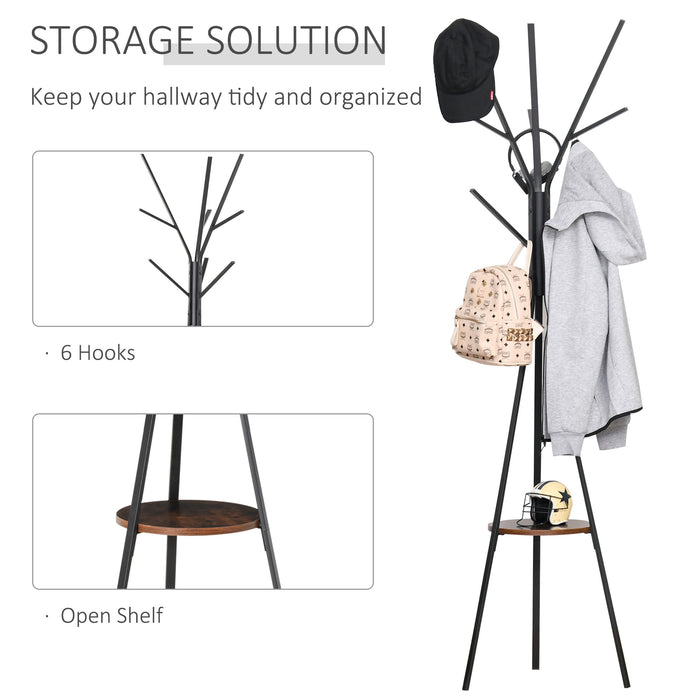 180cm Free Standing Metal Coat Rack Stand 9 Hooks Clothes Tree with 1 Shelf Hat Display Hall Tree Hanger Bag Umbrella Hanging Organiser, Brown