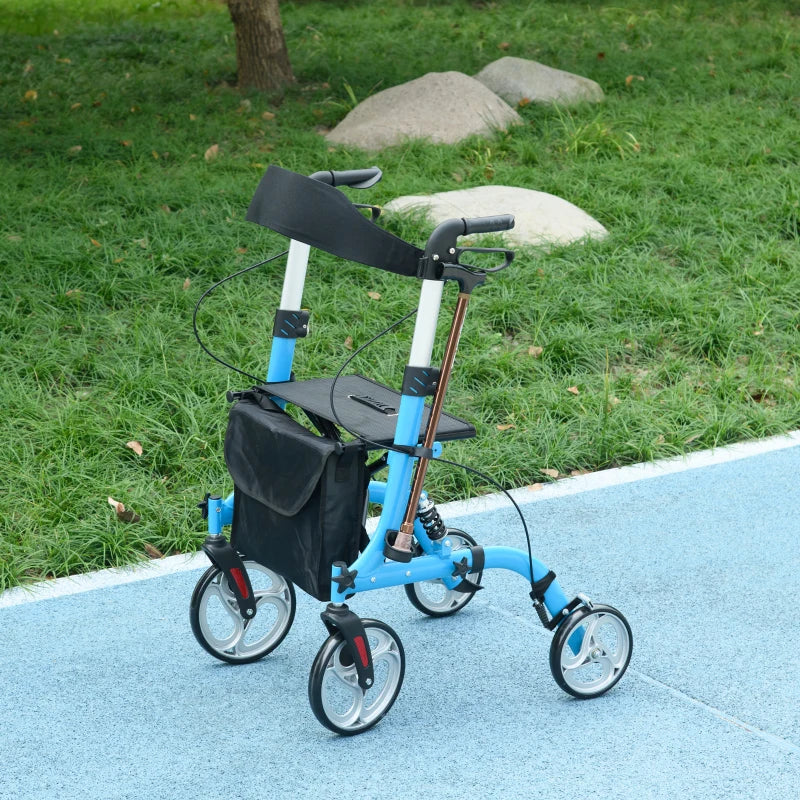 4 Wheel Rollator with Seat and Back, Lightweight Folding Mobility Walker with Large Wheels, Carry Bag, Adjustable Height,  - Blue