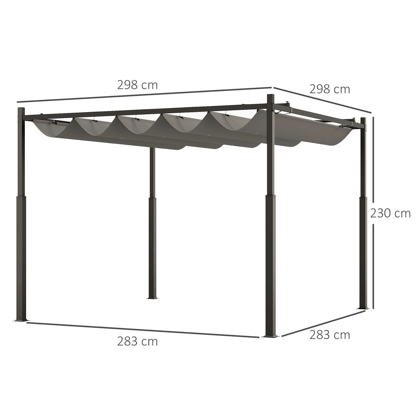 3 x 3(m) Pergola with Retractable Roof, 80mm Metal Column, Grey