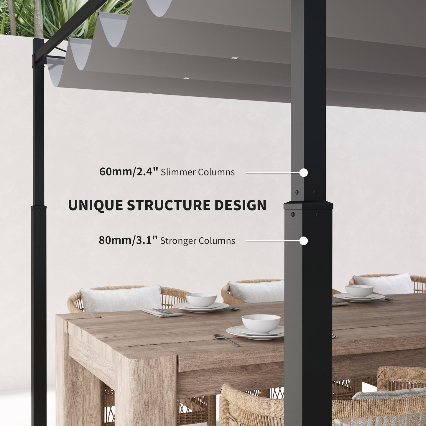 3 x 3(m) Pergola with Retractable Roof, 80mm Metal Column, Grey