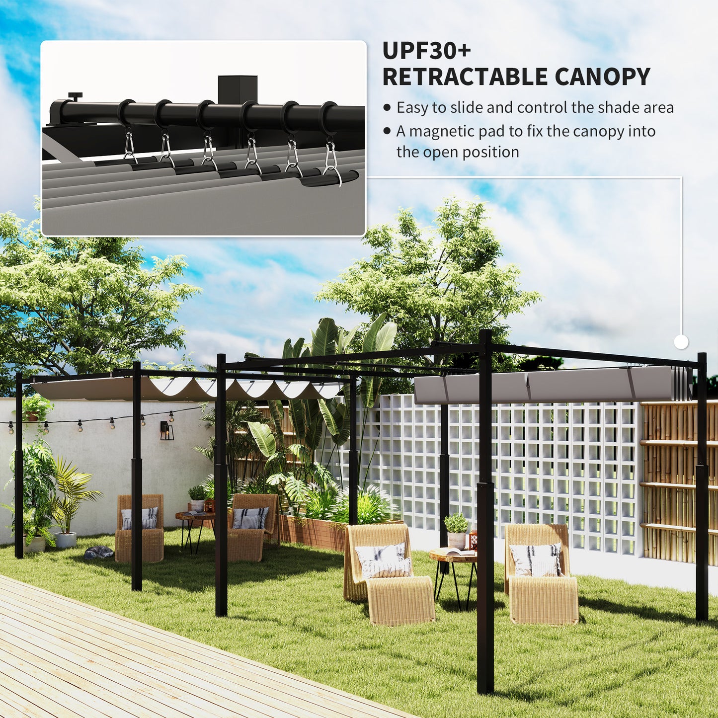 3 x 3(m) Pergola with Retractable Roof, 80mm Metal Column, Grey