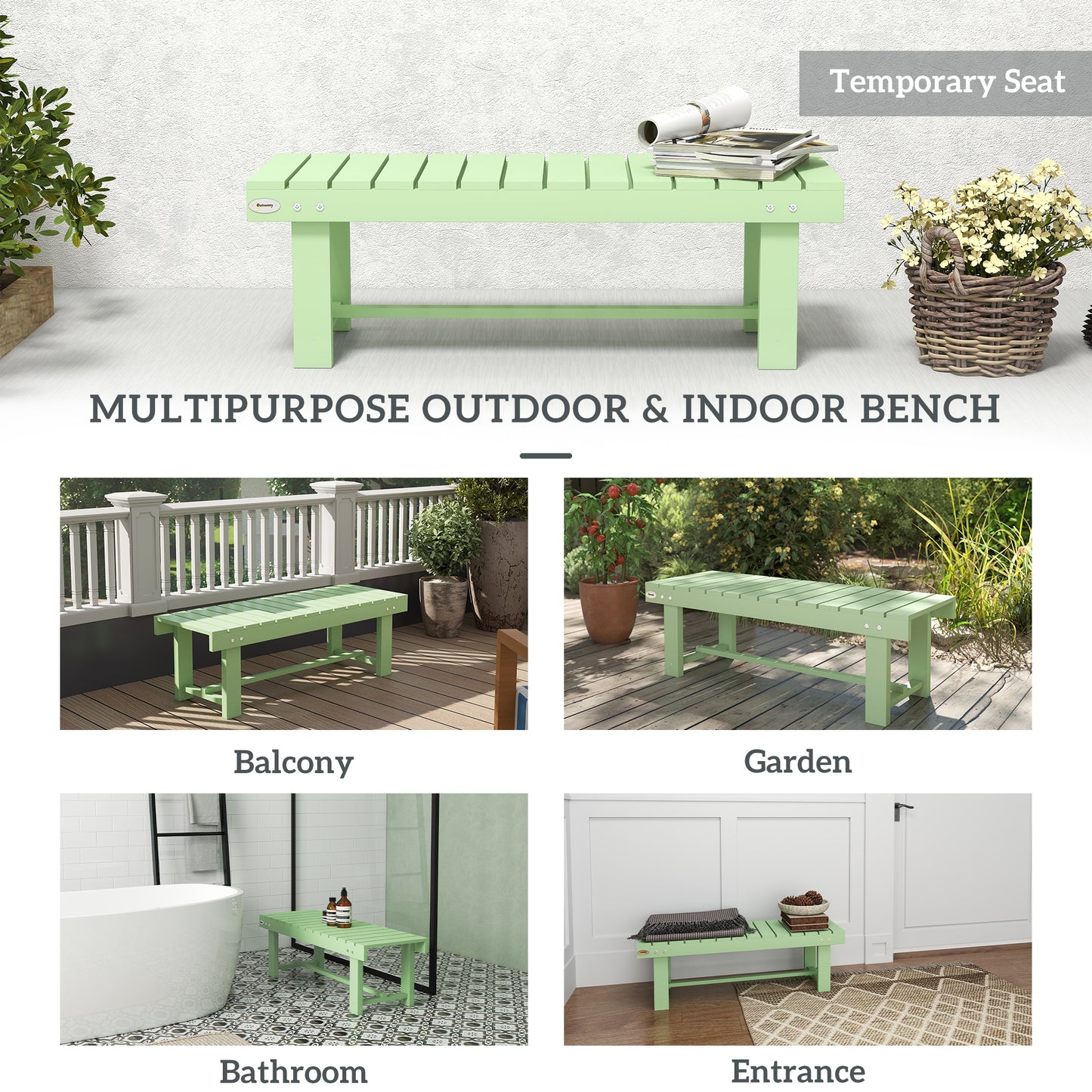 Wooden Garden Bench, 2 Seater Outdoor Bench, Fir Wood Backless Patio Loveseat with Slatted Seat for Park, 110 x 38 x 35 cm, 1 Piece, Light Green