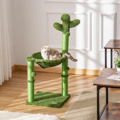 Cat Tower Kitten Activity Center Cactus Shape with Scratching Post Hammock Bed Dangling Ball Toy