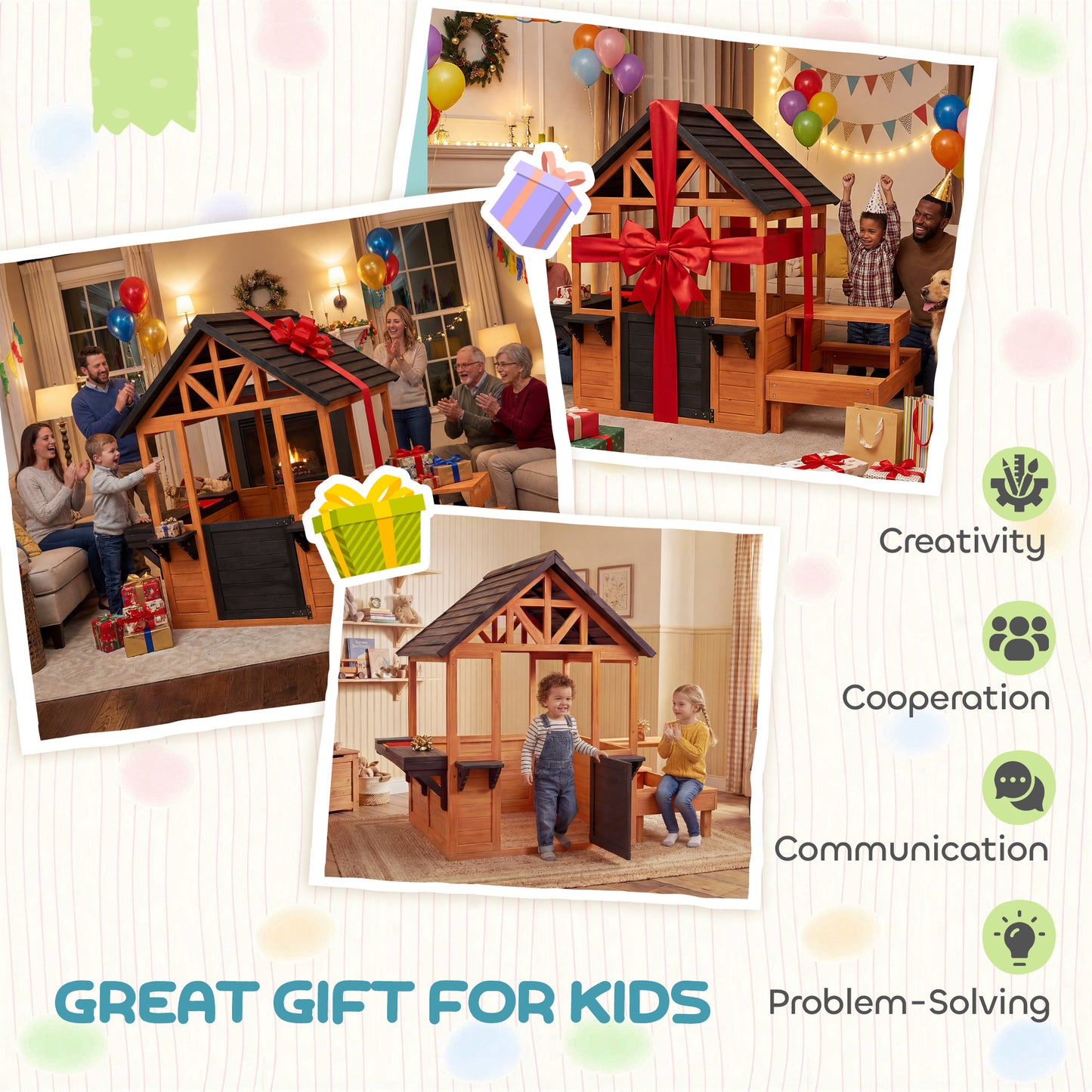 Wooden Playhouse for Kids with Table and Benches for Age 3-8, Brown