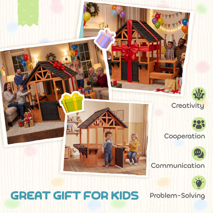 Wooden Playhouse for Kids with Table and Benches for Age 3-8, Brown