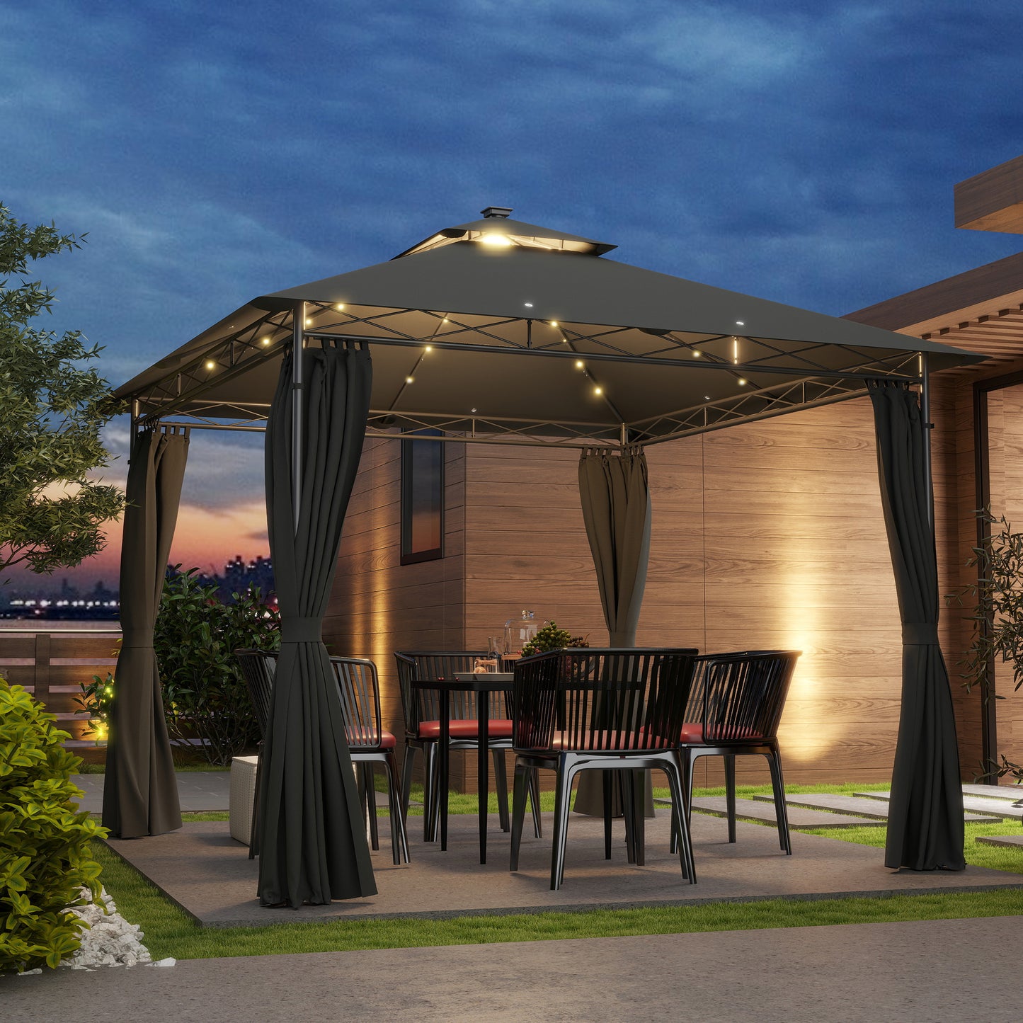 3 x 3 m Double Roof Outdoor Gazebo with Curtains, Dark Grey