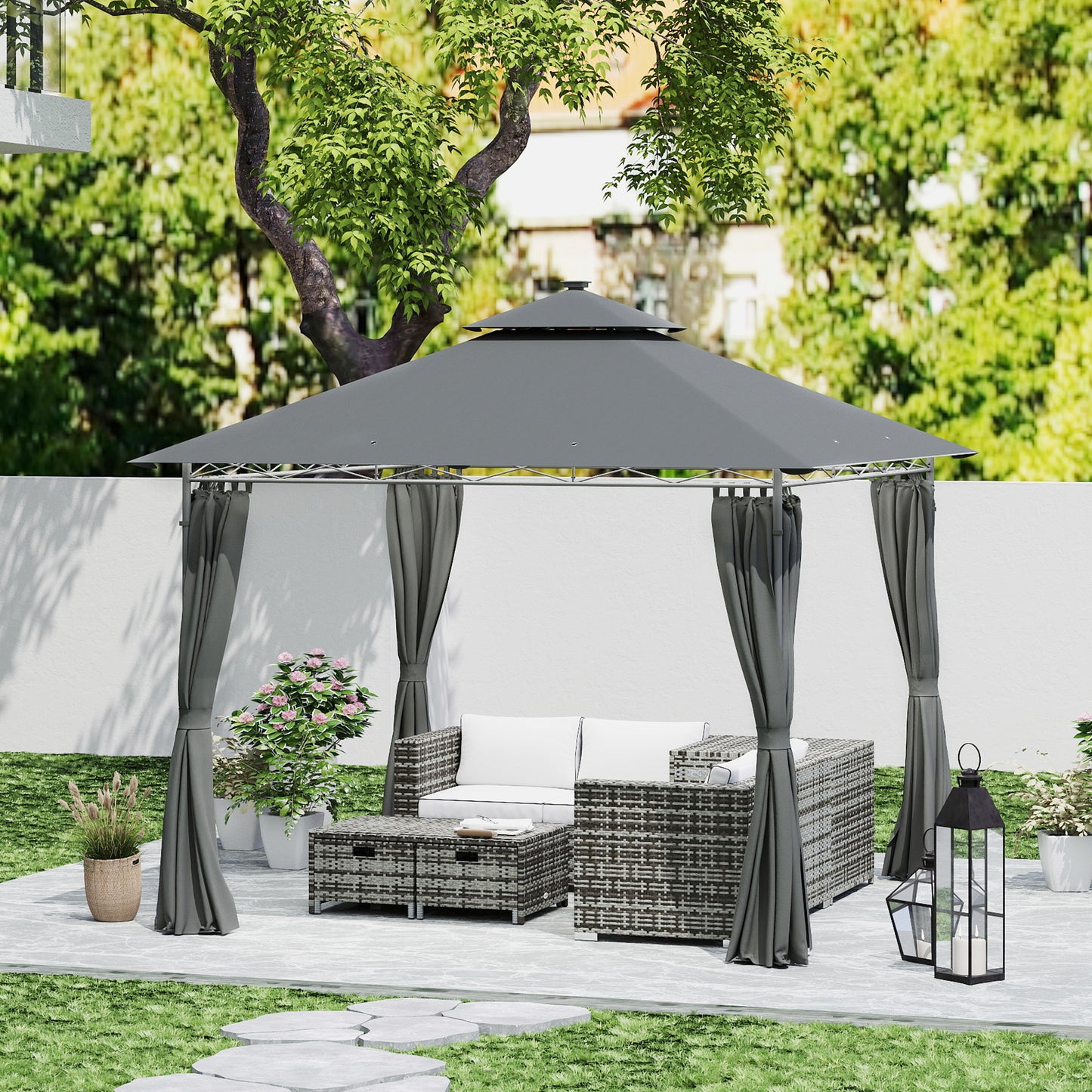 3 x 3 m Double Roof Outdoor Gazebo with Curtains, Dark Grey