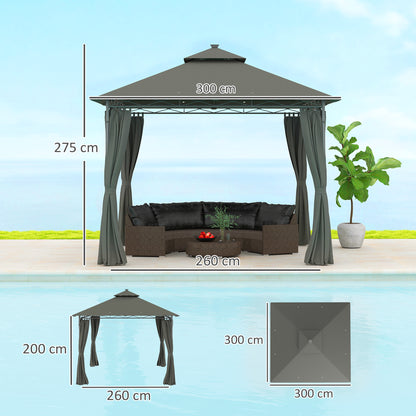 3 x 3 m Double Roof Outdoor Gazebo with Curtains, Dark Grey